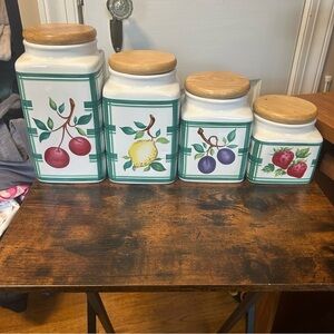 Vintage Lillian Vernon Bright Farmhouse Kitchen Fruit Canister Wood Lid Set of 4